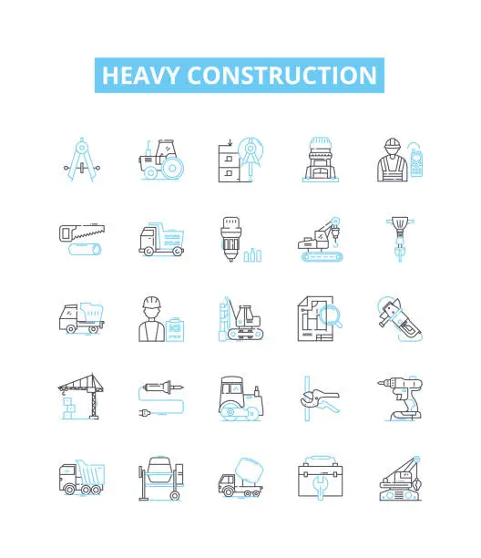 Vector illustration of Heavy construction vector line icons set. Heavy, Construction, Excavation, Demolition, Equipment, Machines, Cranes illustration outline concept symbols and signs