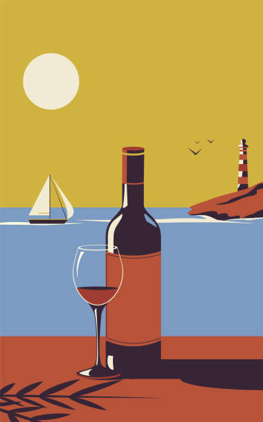 바다 풍경을 배경으로 와인 한 병과 와인 한 잔. 레크리에이션 개념입니다. 바닷가 레스토랑. 레트로 스타일 - backdrop old fashioned outdoors yacht stock illustrations