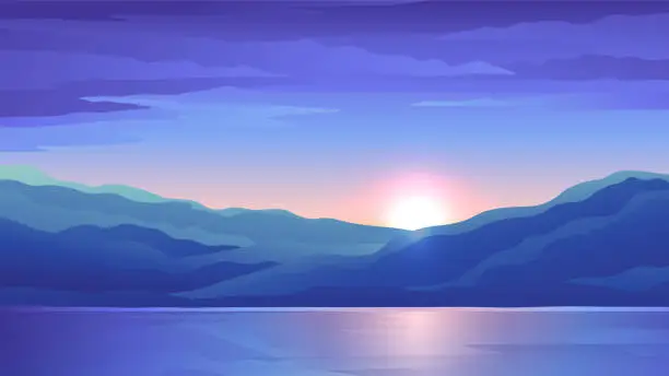 Vector illustration of Sunset over a green island.