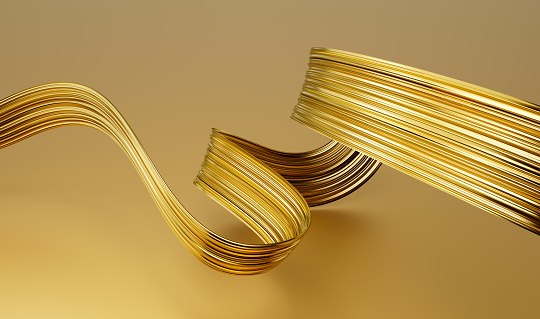 Shiny satin ribbon in gold color isolated on Golden background close up. Ribbon 3d illustration