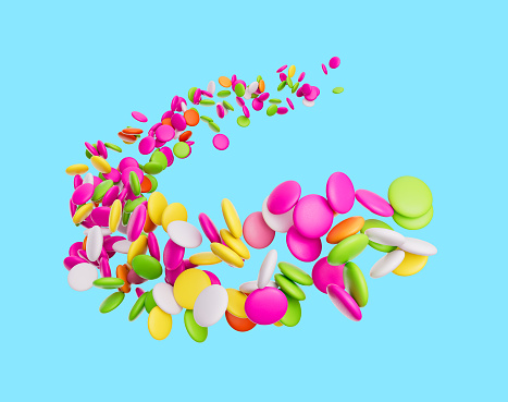 3d Colorful Candy Beans, 3d Rounded Rainbow Candies Flowing Coming In The Air, 3d illustration