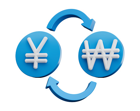 3d White Yen And Won Symbol On Rounded Blue Icons With Money Exchange Arrows, 3d illustration
