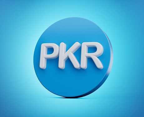3d White Pakistani Rupee PKR Symbol With Rounded Blue Icon On Blue Background, 3d illustration