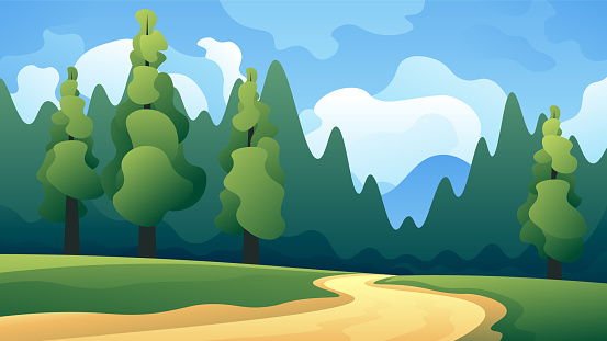 Green beautiful coniferous forest in summer day horizontal illustration.