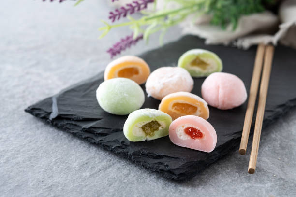 istock Japanese colorful mochi on gray stone surface 1485707062