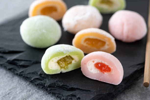 istock Japanese colorful mochi on gray stone surface 1485707172