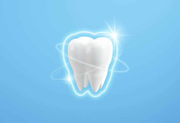 Dental care. protected teeth glowing brightly on a blue background. 3d rendering
