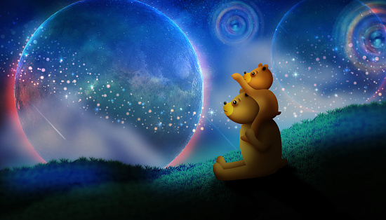bear family sitting and watching the moon and shooting stars, night fantasy digital art background.