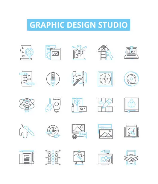 Vector illustration of Graphic design studio vector line icons set. Graphic, Design, Studio, Graphic Design, Creative, Artwork, Layout illustration outline concept symbols and signs