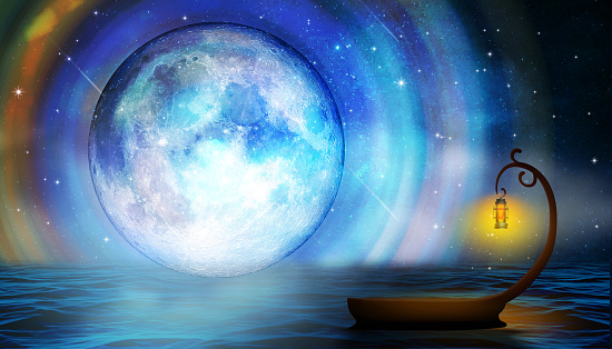 Beautiful moon on the ocean and boat fantasy in the ocean at the night sky wonderful fantasy digital art background.jpg