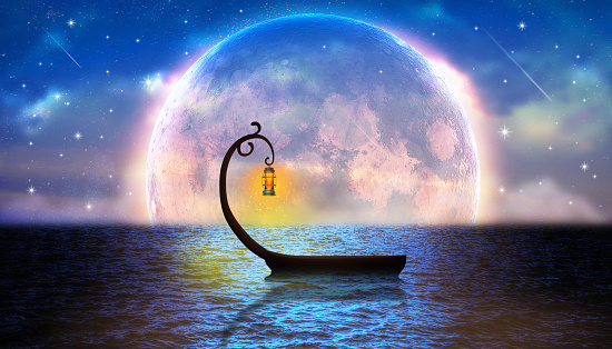 Beautiful moon on the ocean and boat fantasy in the ocean at the night sky  wonderful fantasy digital art background