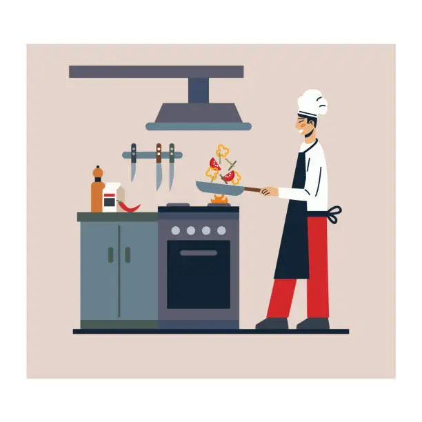 Vector illustration of Cartoon character of smiling man in uniform cooking at home