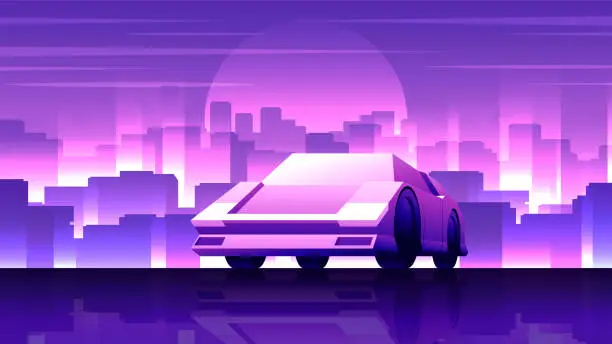 Vector illustration of Bright car rides front view on shining night pink city background.