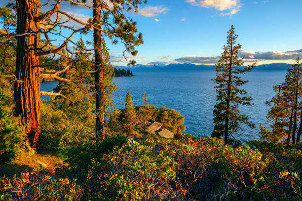 Sunset above Lake Tahoe in California with Sierra Nevada Mountains in the background.