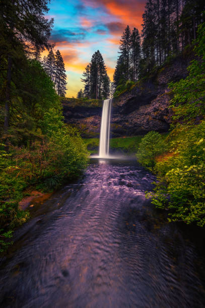 Sunset over South Falls in Silver Falls State Park, Oregon