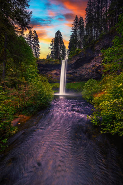 Sunset over South Falls in Silver Falls State Park, Oregon stock photo