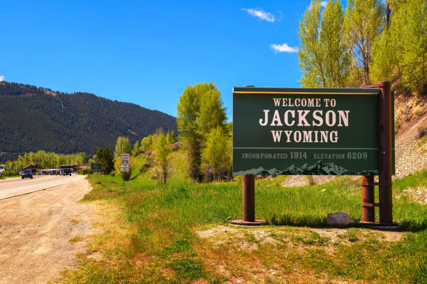 Welcome to Jackson Wyoming road sign. Jackson is a picturesque mountain town located at the entry of Grand Teton National Park.