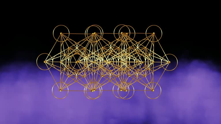 Video animation Triple Metatron Cube, Flower of Life. Golden Sacred geometry, purple graphic fog smoke black background. Mystic gold icon platonic solids, abstract geometric drawing, crop circles