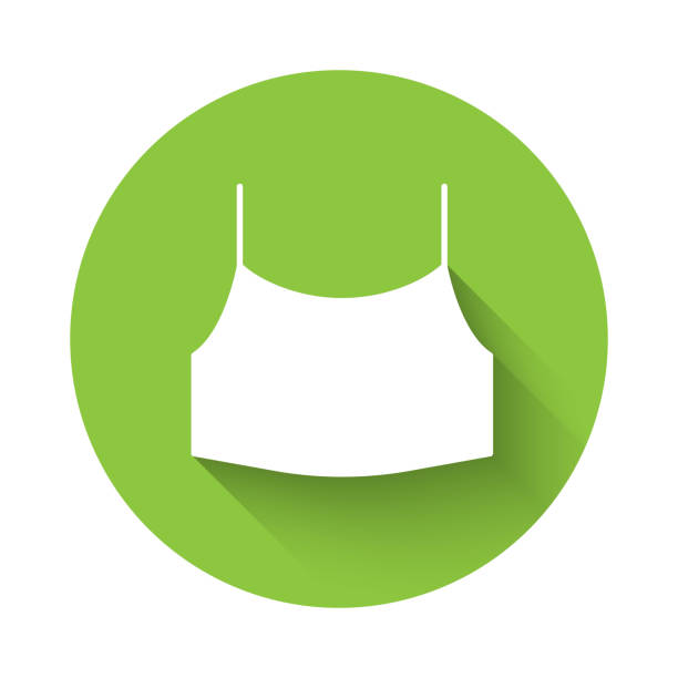 White Female crop top icon isolated with long shadow background. Undershirt. Green circle button. Vector White Female crop top icon isolated with long shadow background. Undershirt. Green circle button. Vector. technical routine stock illustrations