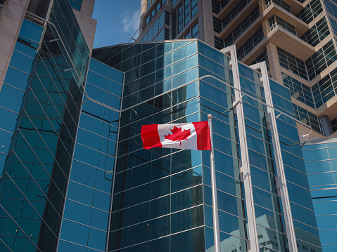 Flag of Canada flying against a blue glass skyscraper.