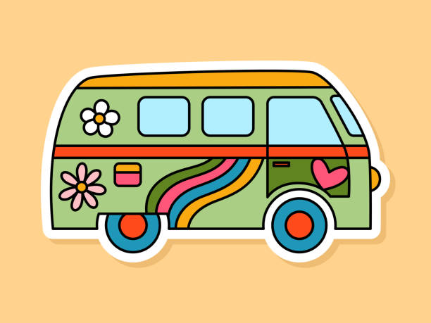 Vector Retro Hippie Van sticker isolated on yellow background. 70s style cartoon camper Vector Retro Hippie Van sticker isolated on yellow background. 70s style cartoon camper with white contour music festival camping summer vacations stock illustrations