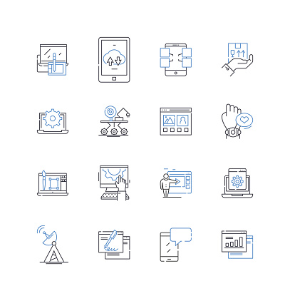 Widgets outline icons collection. Customization, Efficiency, Personalization, Interactivity, Functionality, User-friendly, versatility vector and illustration concept set. Modernization,Enhancement linear signs and symbols