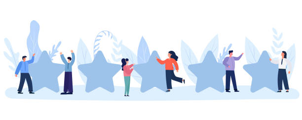 istock Illustration of people characters giving five-star feedback through stars rating system. Vector concepts depicting customer reviews with both positive and negative ratings. Vector. 1485715403