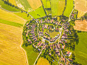 Aerial view of village in summer countryside