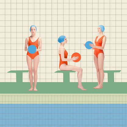 Three young female swimming athletes in red swimsuits standing with balls, training before swimming. Contemporary art collage. Concept of sport, retro style, creativity, fashion, activity.