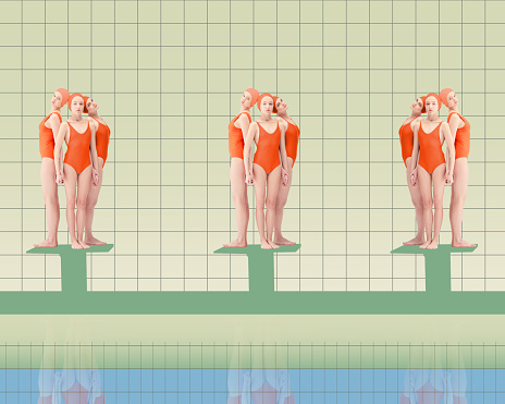 Young female swimming athletes in red swimsuits standing on starting blocks, ready to jump into pool and swim. Contemporary art collage. Concept of sport, retro style, creativity, fashion, activity.