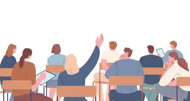 Vector illustration of Spectators or audience, students sitting on chairs on lecture. Flat male and female characters on business training, vector people group