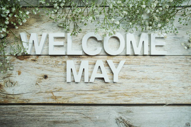 istock Welcome May alphabet letters with flowers on wooden background 1485719005