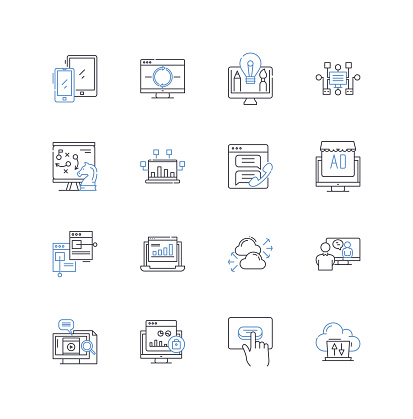 Virtual technology outline icons collection. Immersion, Interface, Simulation, Gamification, Avatar, Cybernetics, Hologram vector and illustration concept set. Augmented,Digital linear signs and symbols