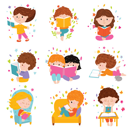 vector illustration set of kids reading books