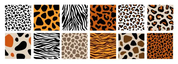 Vector illustration of Set of animal seamless patterns. Giraffe, tiger, leopard, cheetah, zebra, jaguar print skins. Wild safari animals mammals fur texture background. Vector illustration in hand drawn flat style