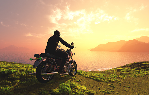 Motorcyclist on the background of the landscape.3D render