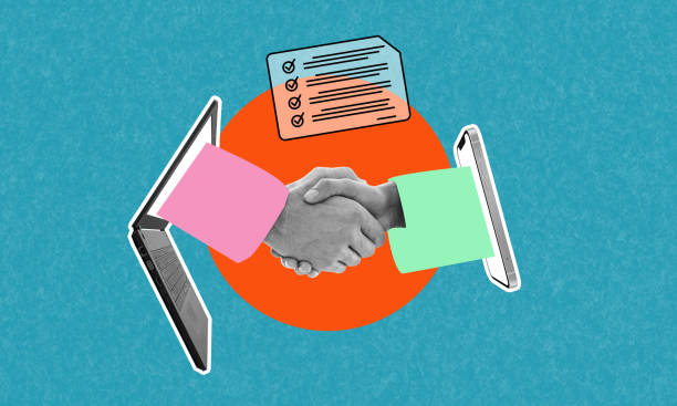 istock Art collage. A transaction between two partners from a laptop and a smartphone. 1485726179