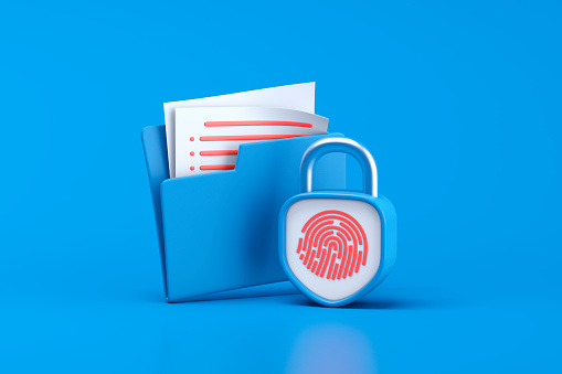 Blue folder with fingerprint padlock on blue background. 3d illustration