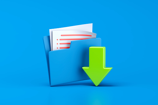 Blue folder and download icon on blue background. 3d illustration