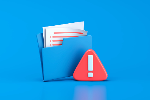 Blue folder icon Red hazard warning attention sign on blue background. 3d illustration