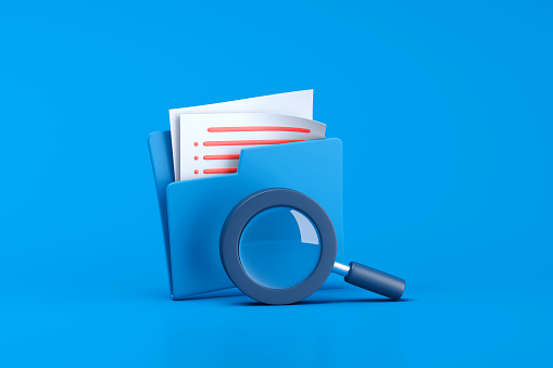 Blue folder icon and magnifying glass on blue background. 3d illustration