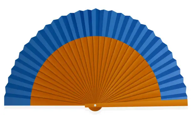 Vector illustration of Classic paper hand fan folded brown blue elegant accessory isometric vector illustration