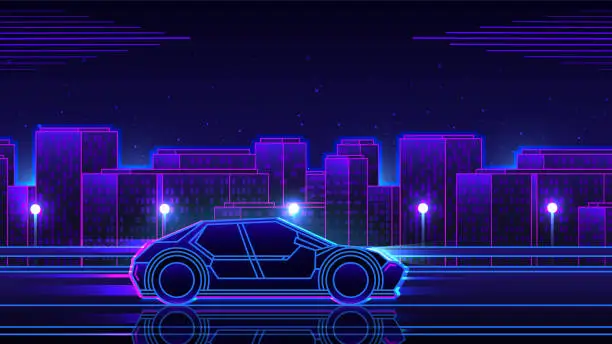 Vector illustration of Outline sport car side view driving on the road at night metropolis background.