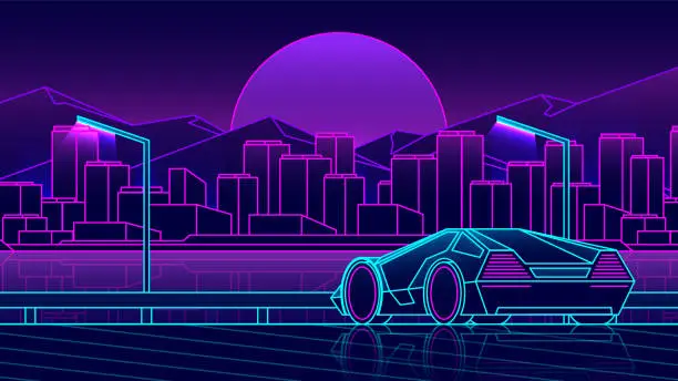 Vector illustration of Outline supercar rear view is driving towards the night metropolis.