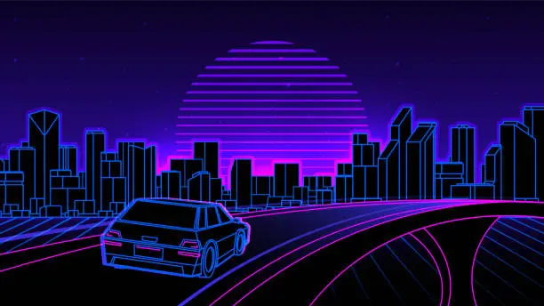 Vector illustration of Laser line art car back view rides oon the bridge on the evening city background.