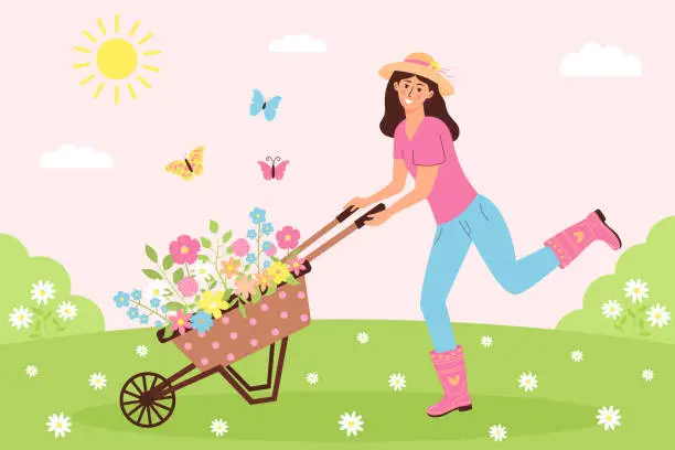 Vector illustration of Happy woman pushing garden cart with flowers on the meadow. Sunny landscape with floral wheelbarrow, female gardener and butterflies. Agriculture, farming, gardening, spring or summer concept.