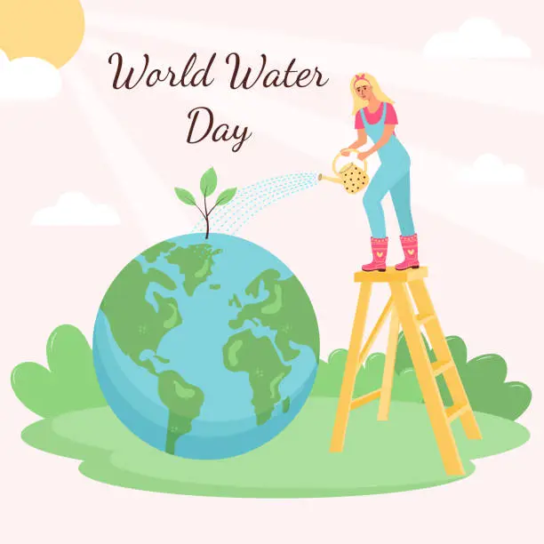 Vector illustration of Woman standing on ladder and watering the planet Earth from a watering can. Sprout growing  from the ground and the sun shining. World water day, the problem of fresh water, environmental protection, climate change concept.