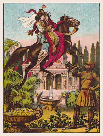 The Magic Horse - a fairy tale from One Thousand and One Nights. Chromolithograph after a drawing, published ca. 1895.