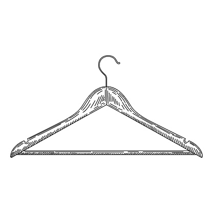 Wooden coat hanger in vintage engraved style. Sketch of coat hanger. Front view. Isolated on white background. Vector illustration