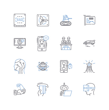 Virtual reality outline icons collection. Immersive, Interactive, Experience, Digital, Simulation, Gaming, Fantasy vector and illustration concept set. Environment,Innovation linear signs and symbols